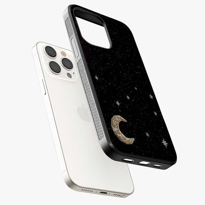 Twinkle Star With Half Moon Glass Case laid diagonally highlighting side profile, edges and glossy glass shine.
