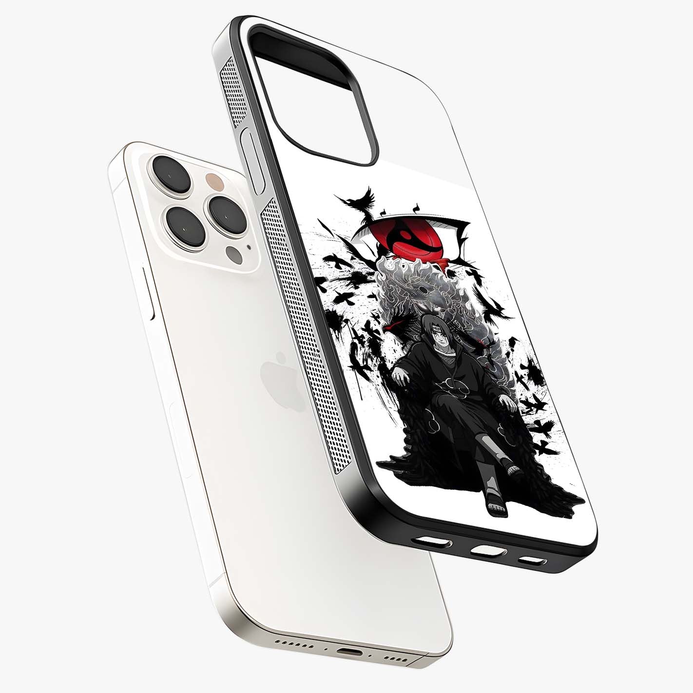 Uchiha Shadow Throne Glass Case laid diagonally highlighting side profile, edges and glossy glass shine.
