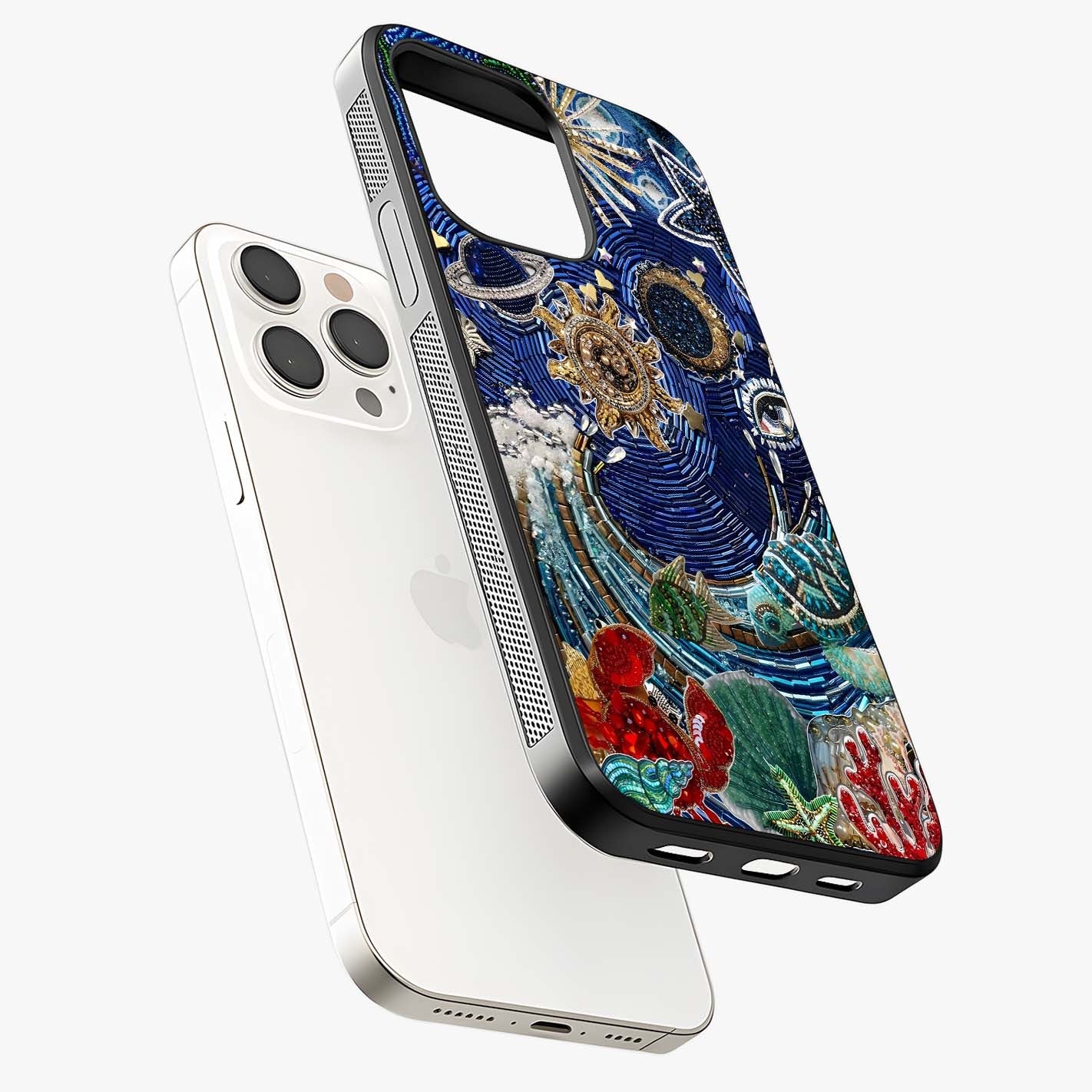 Universe Underwater Spark Glass Case laid diagonally highlighting side profile, edges and glossy glass shine.