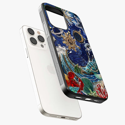 Universe Underwater Spark Glass Case laid diagonally highlighting side profile, edges and glossy glass shine.