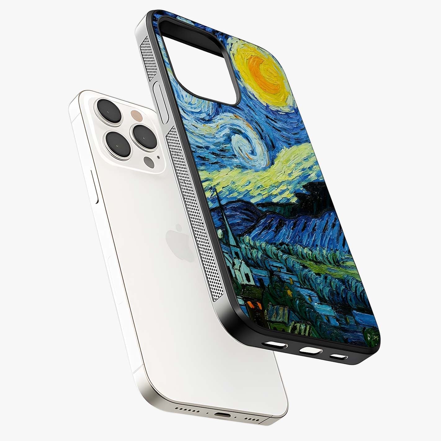 Van Gogh Art Glass Case laid diagonally highlighting side profile, edges and glossy glass shine.