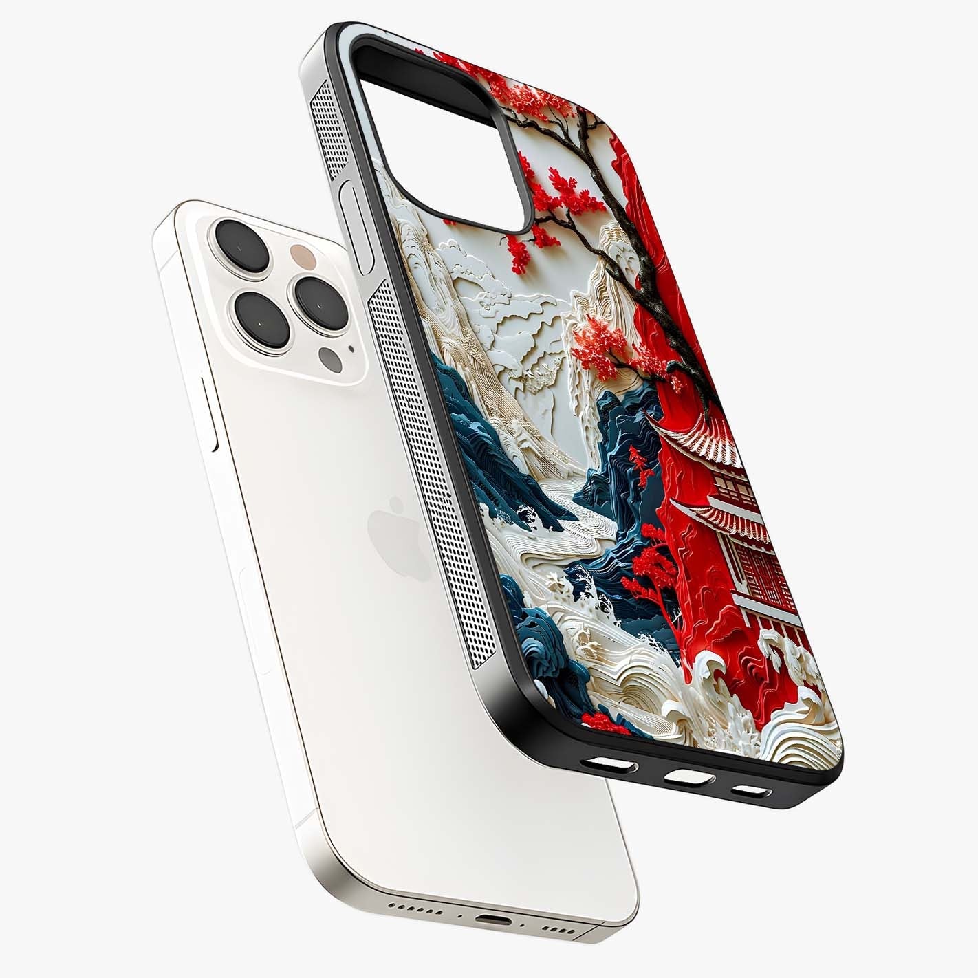 Whispers Of Sakura Waves Glass Case laid diagonally highlighting side profile, edges and glossy glass shine.