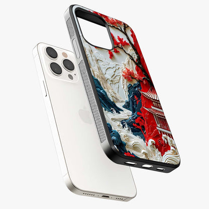 Whispers Of Sakura Waves Glass Case laid diagonally highlighting side profile, edges and glossy glass shine.