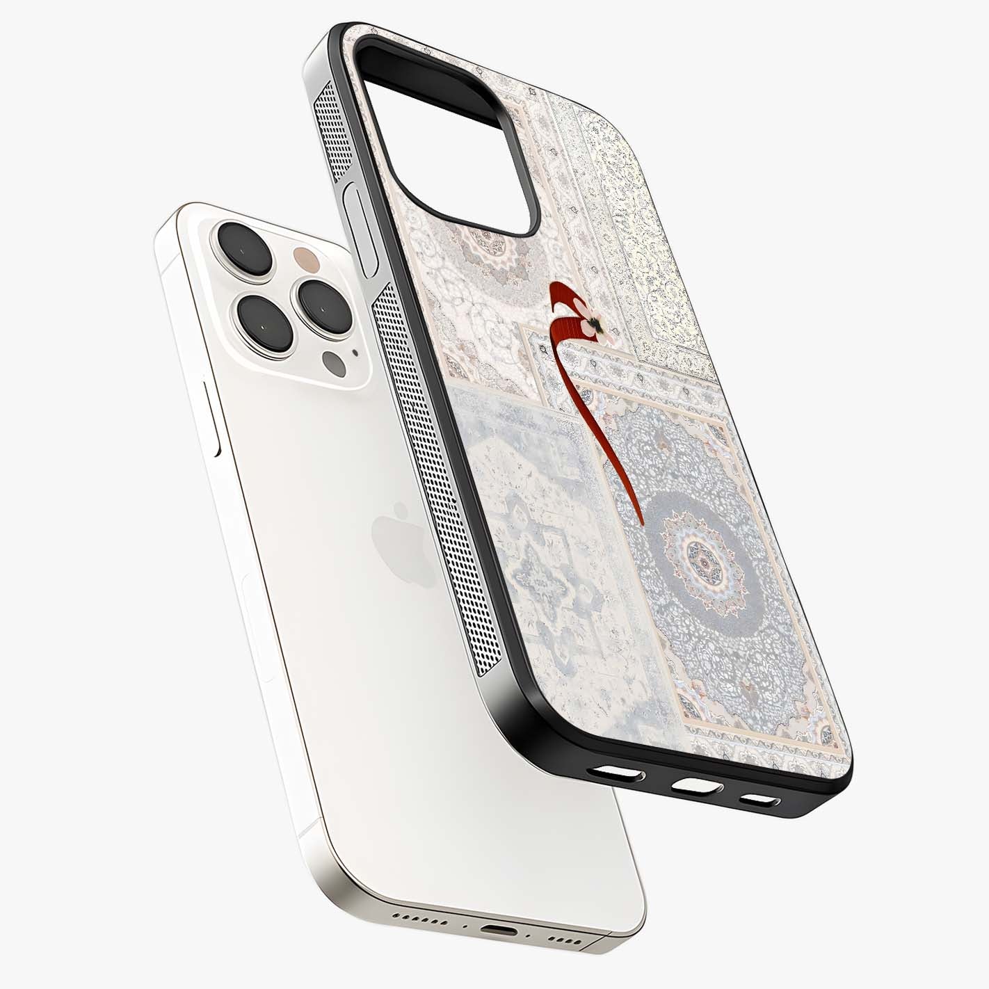 White Aesthetic Bow Glass Case laid diagonally highlighting side profile, edges and glossy glass shine.
