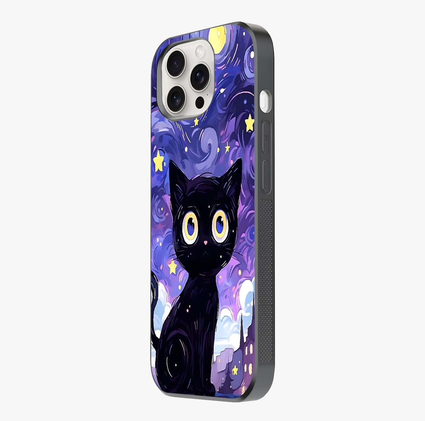 Abstract Cat Art Glass Case photographed in natural light showing reflective finish and design depth.