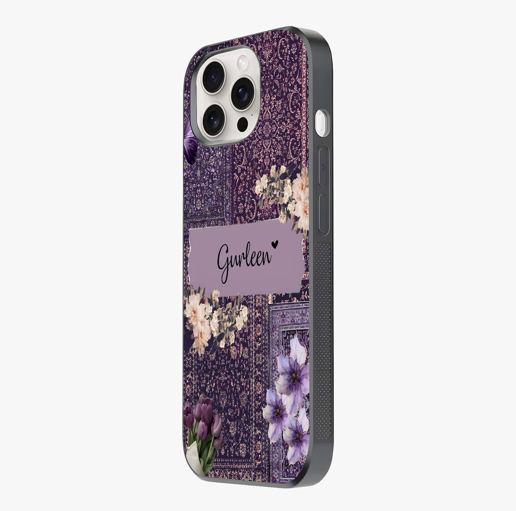 Antique Floral Whisper Custom Name Glass Case photographed in natural light showing reflective finish and design depth.
