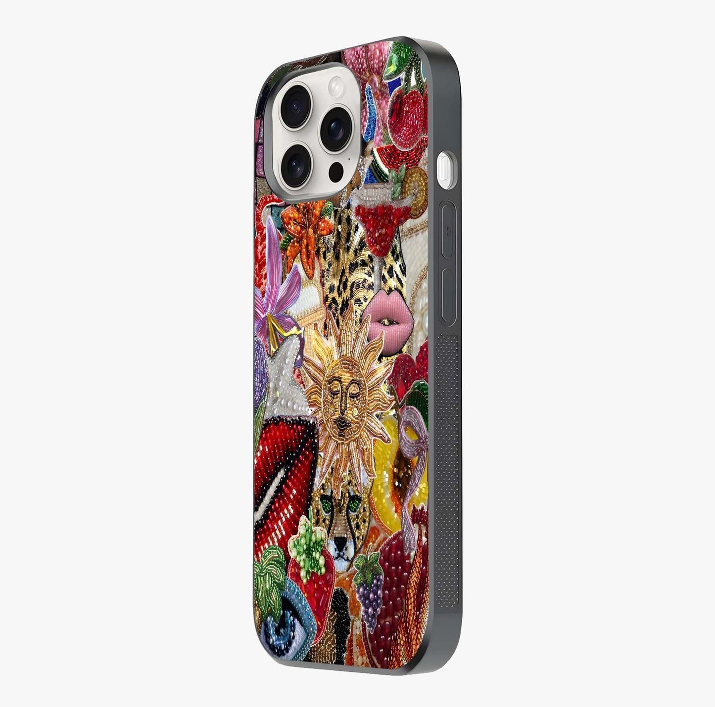 Beaded Fashion Jungle Glass Case photographed in natural light showing reflective finish and design depth.