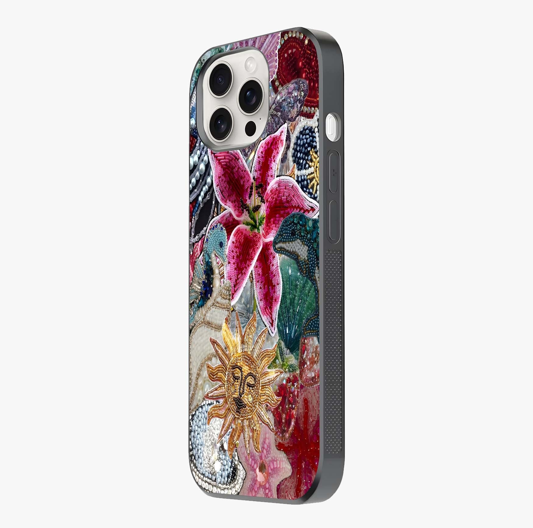 Beaded Garden Fantasy Glass Case photographed in natural light showing reflective finish and design depth.