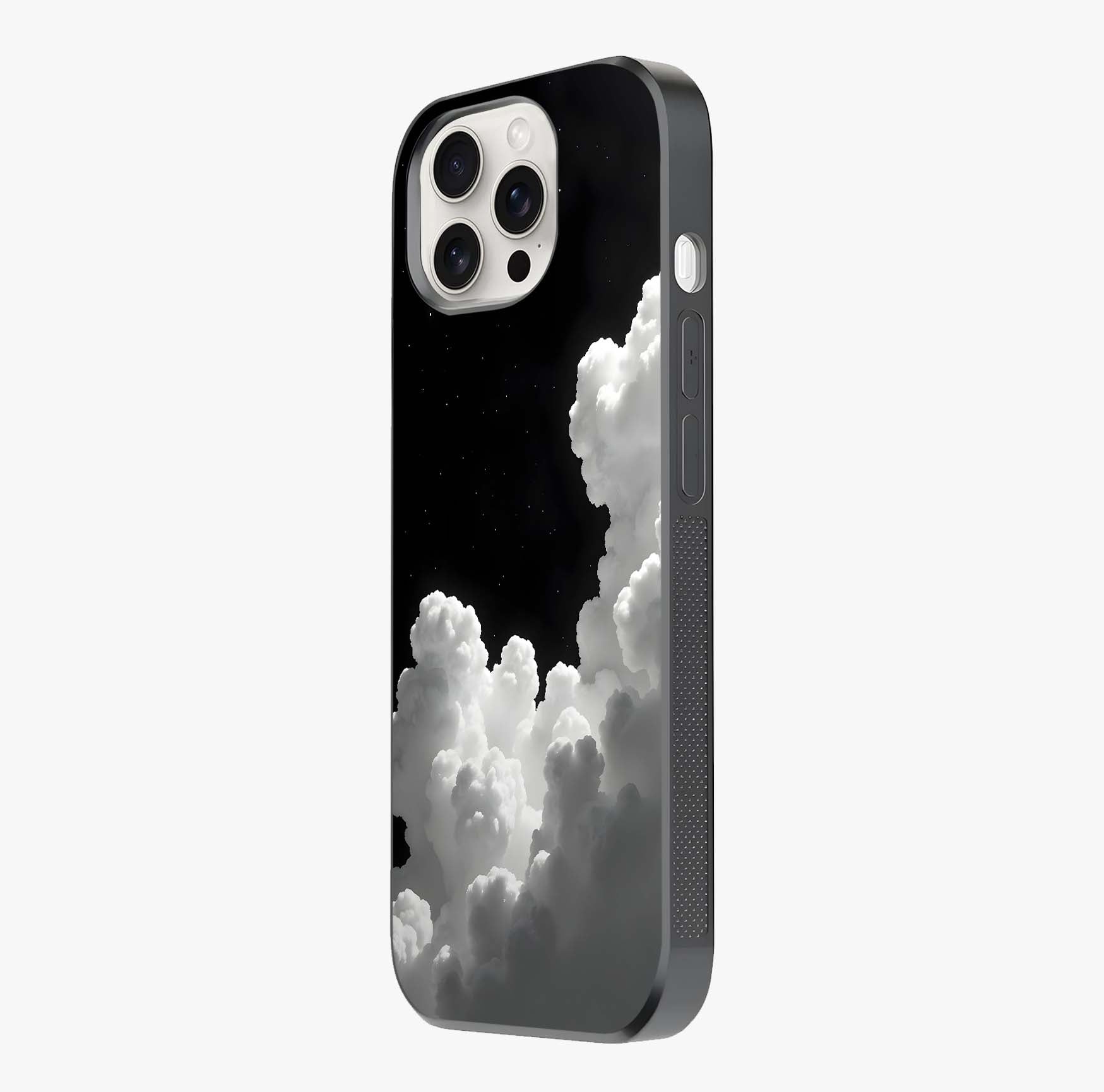 Black Background With White Cloud Glass Case photographed in natural light showing reflective finish and design depth.