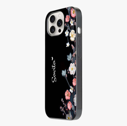 Black Elegance Floral Custom Name Glass Case photographed in natural light showing reflective finish and design depth.