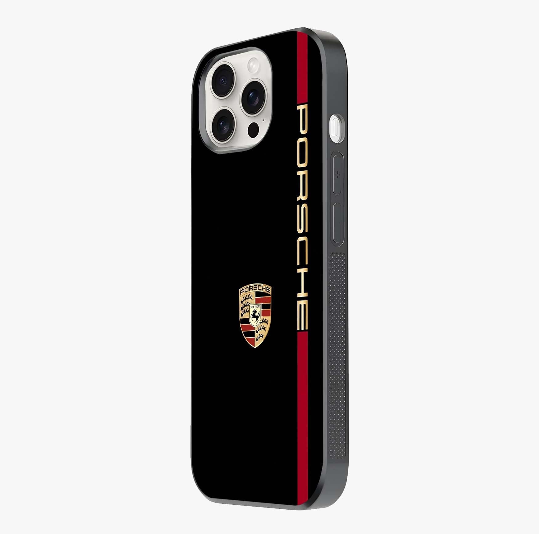 Black Minimal Porsche Glass Case photographed in natural light showing reflective finish and design depth.