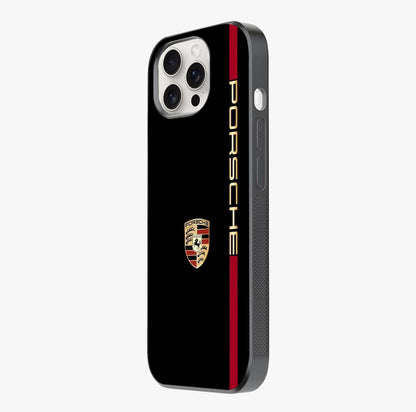 Black Minimal Porsche Glass Case photographed in natural light showing reflective finish and design depth.