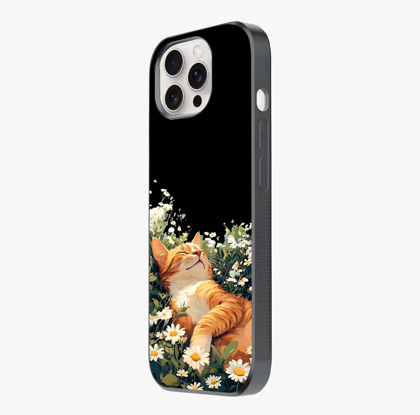Blissful Bloom Cat Glass Case photographed in natural light showing reflective finish and design depth.