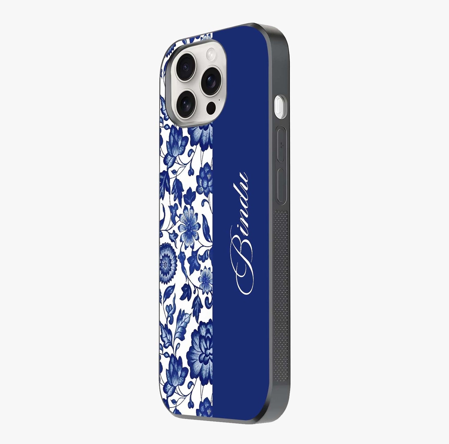 Blue Vintage Floral Pattern Glass Case photographed in natural light showing reflective finish and design depth.