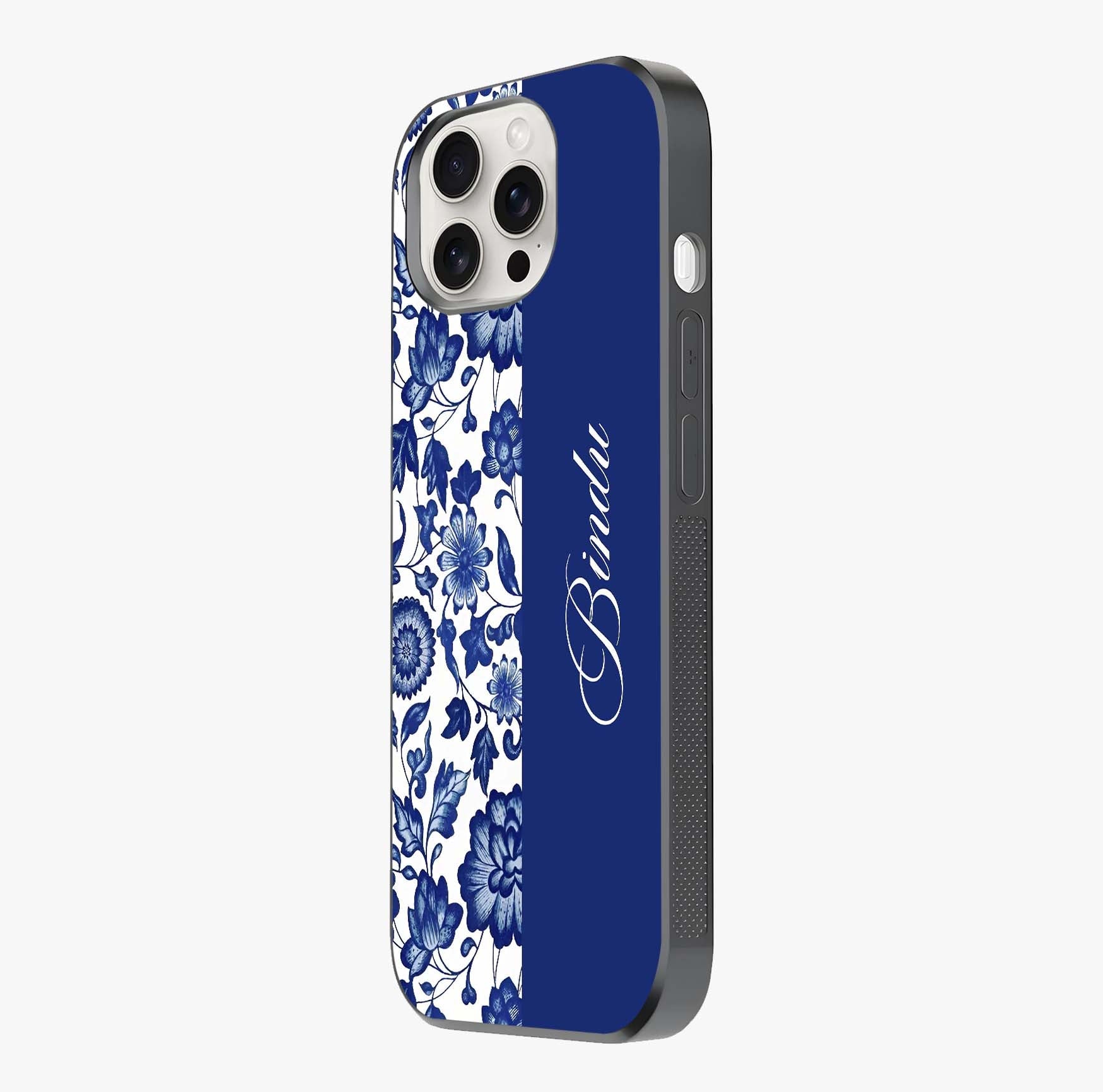 Blue Vintage Floral Pattern Glass Case photographed in natural light showing reflective finish and design depth.