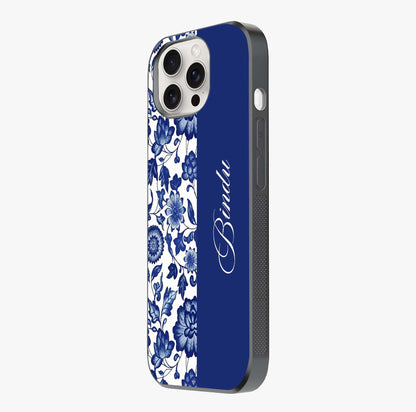 Blue Vintage Floral Pattern Glass Case photographed in natural light showing reflective finish and design depth.
