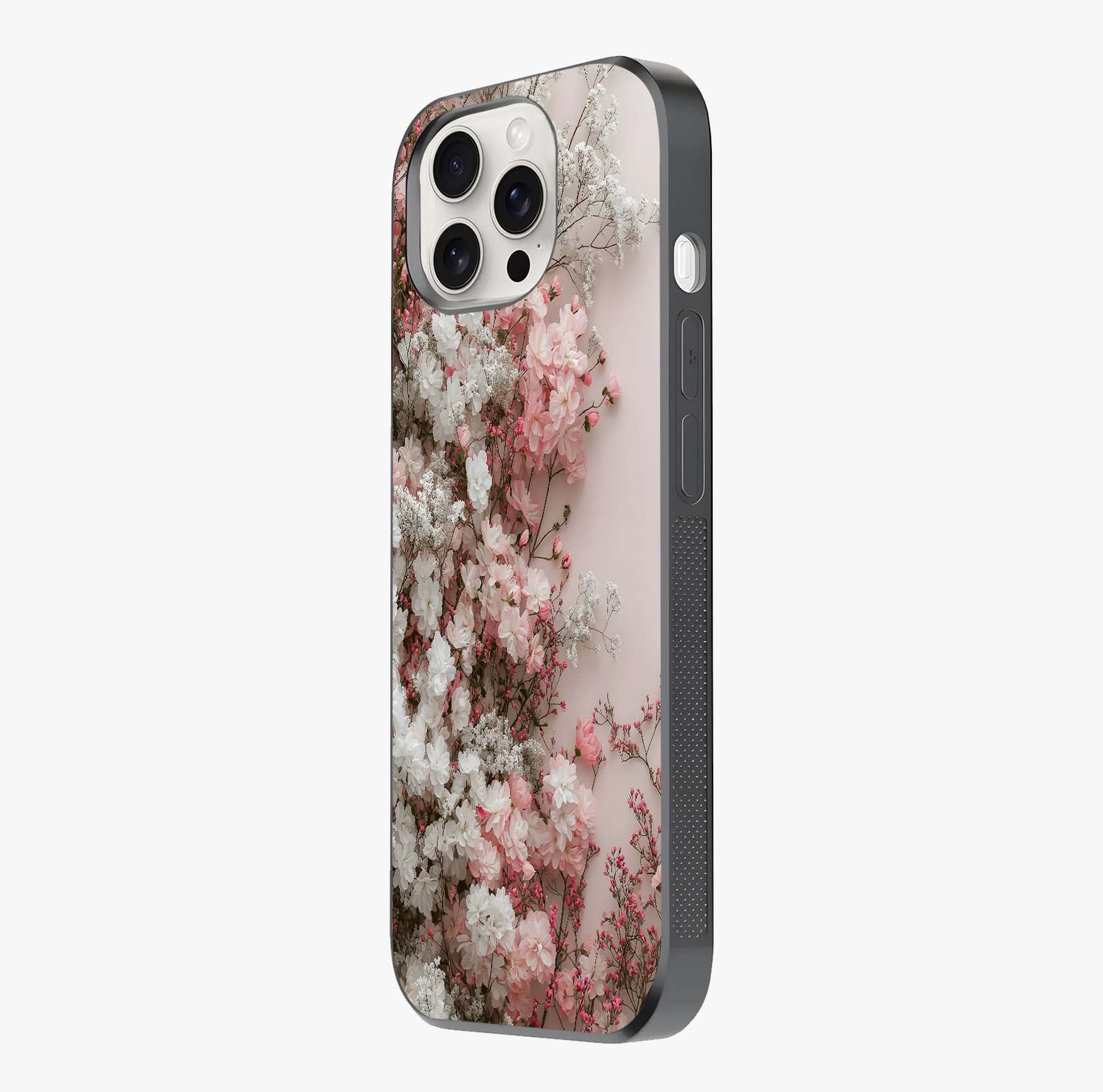 Blush Blossom Cloud Glass Case photographed in natural light showing reflective finish and design depth.