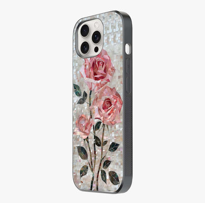 Blush Mosaic Bloom Glass Case photographed in natural light showing reflective finish and design depth.