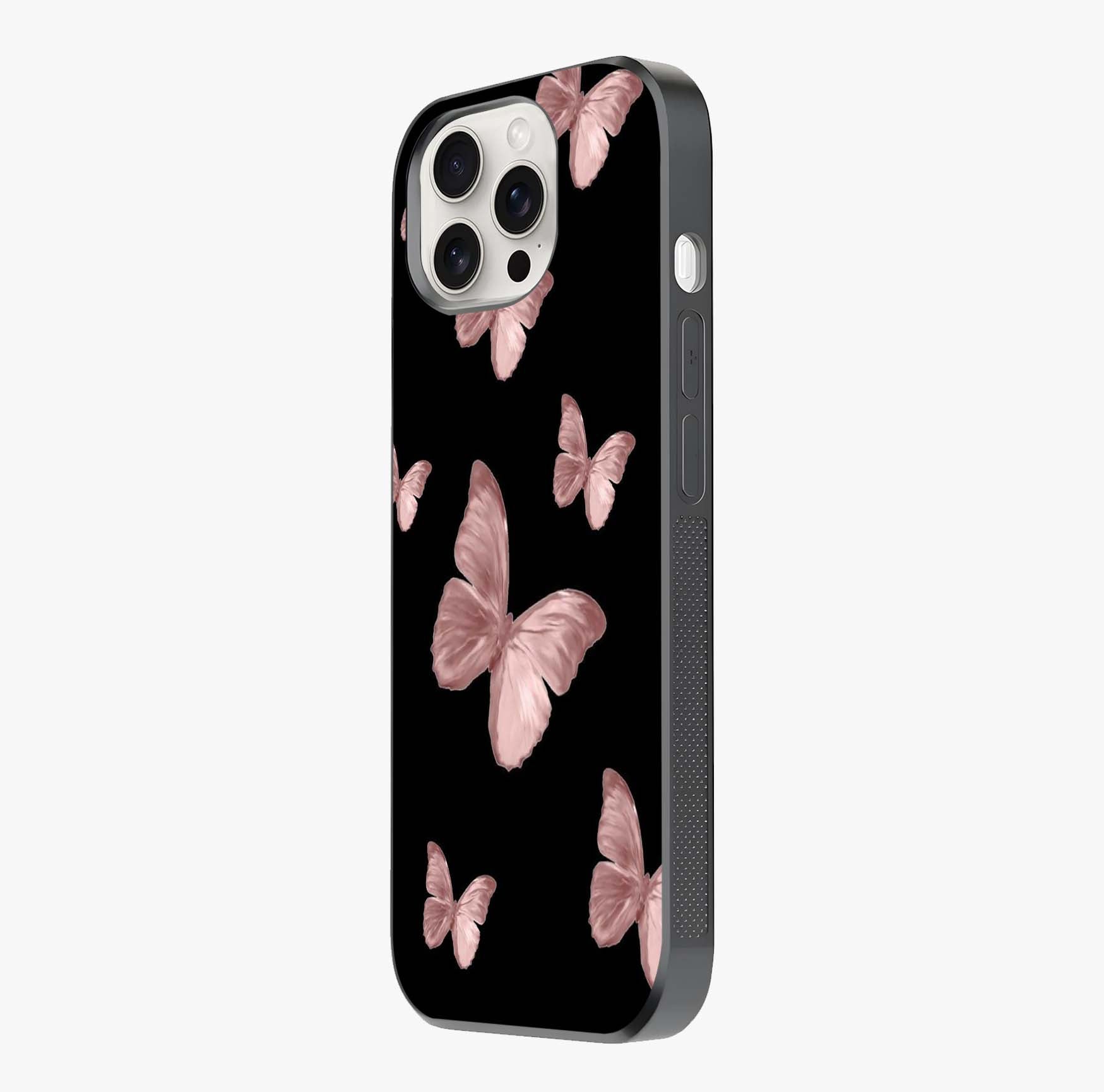 Butterfly Pattern Glass Case photographed in natural light showing reflective finish and design depth.