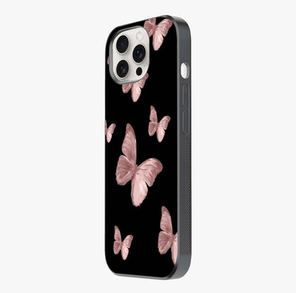 Butterfly Pattern Glass Case photographed in natural light showing reflective finish and design depth.