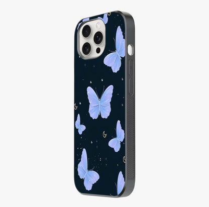 Butterfly With Stars Pattern Glass Case photographed in natural light showing reflective finish and design depth.