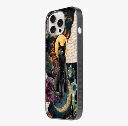 Celestial Black Cat Glass Case photographed in natural light showing reflective finish and design depth.