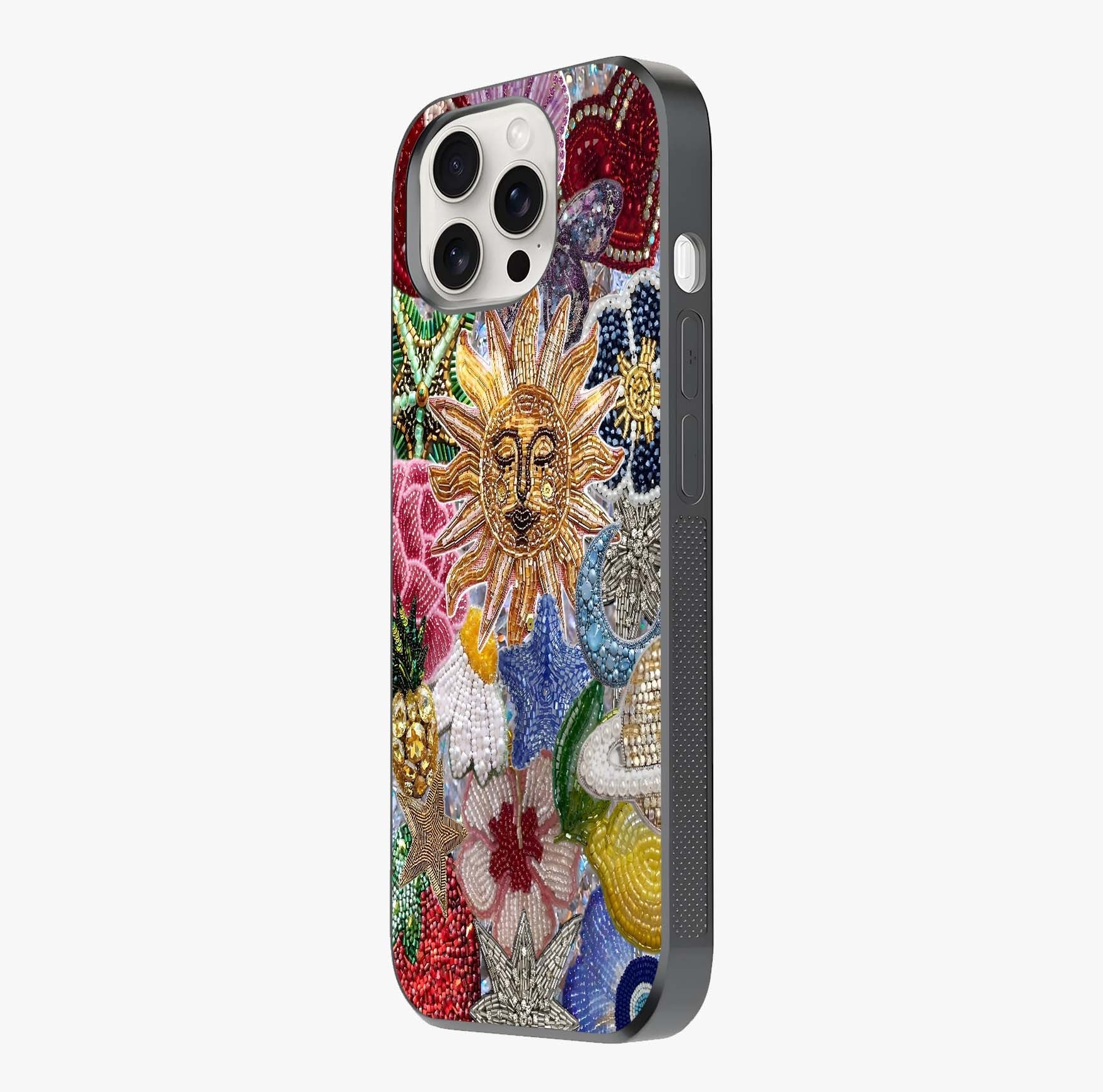 Celestial Floral And Playful Glass Case photographed in natural light showing reflective finish and design depth.