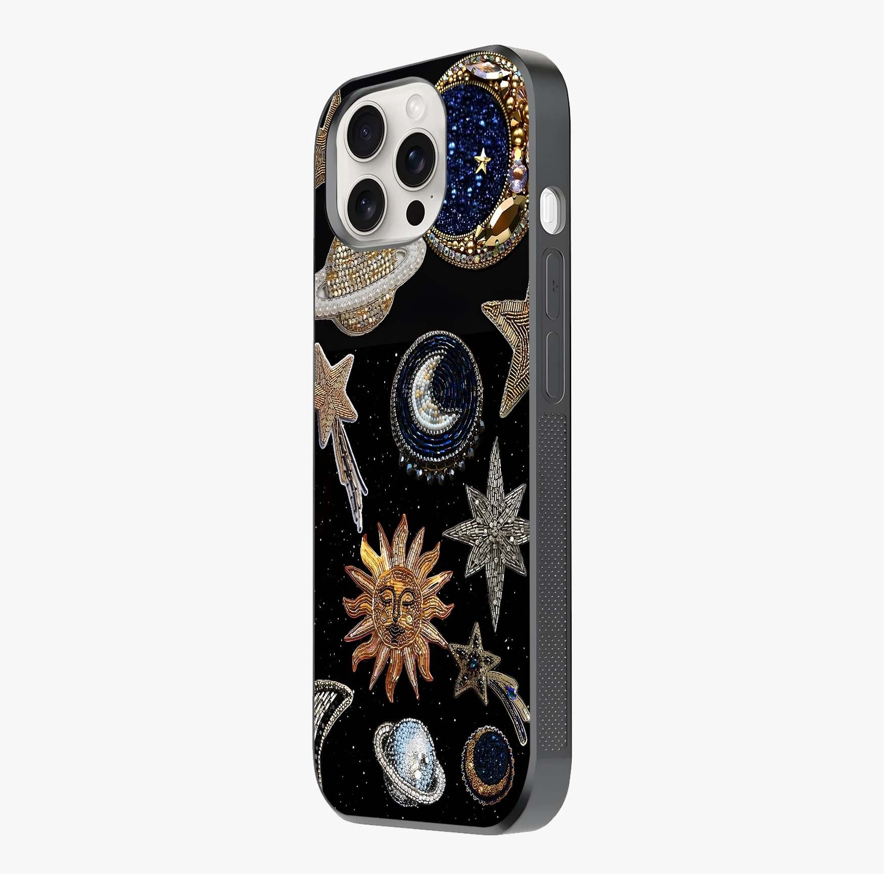 Celestial Gem Constellations Glass Case photographed in natural light showing reflective finish and design depth.