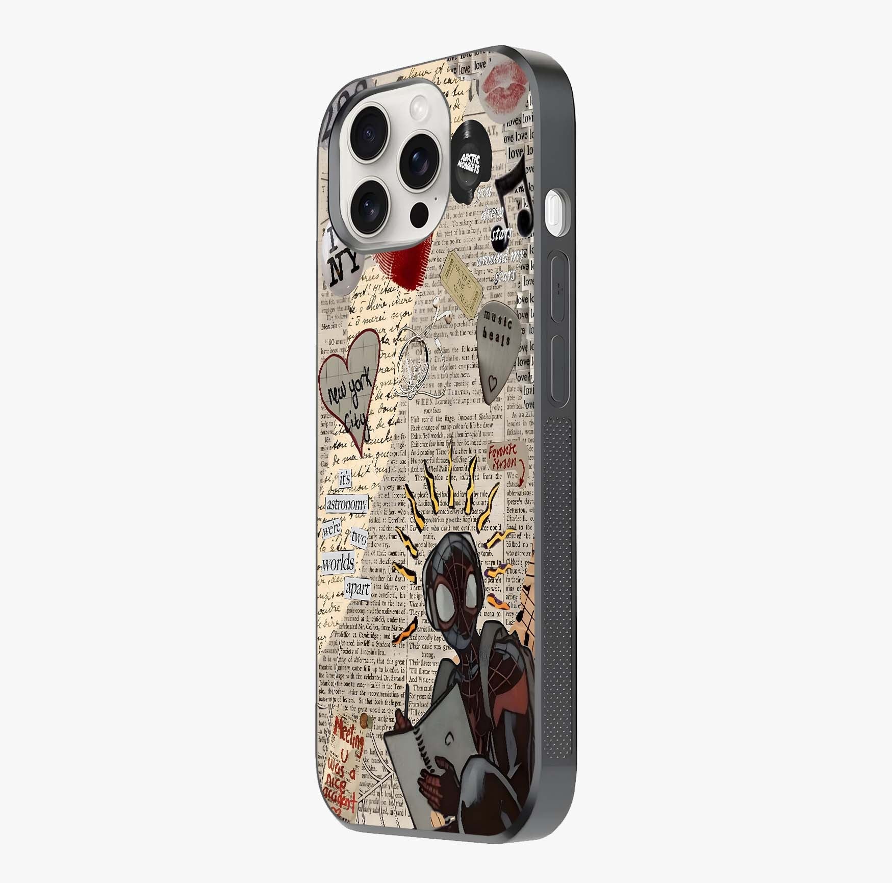 City Dream Sketch Glass Case photographed in natural light showing reflective finish and design depth.