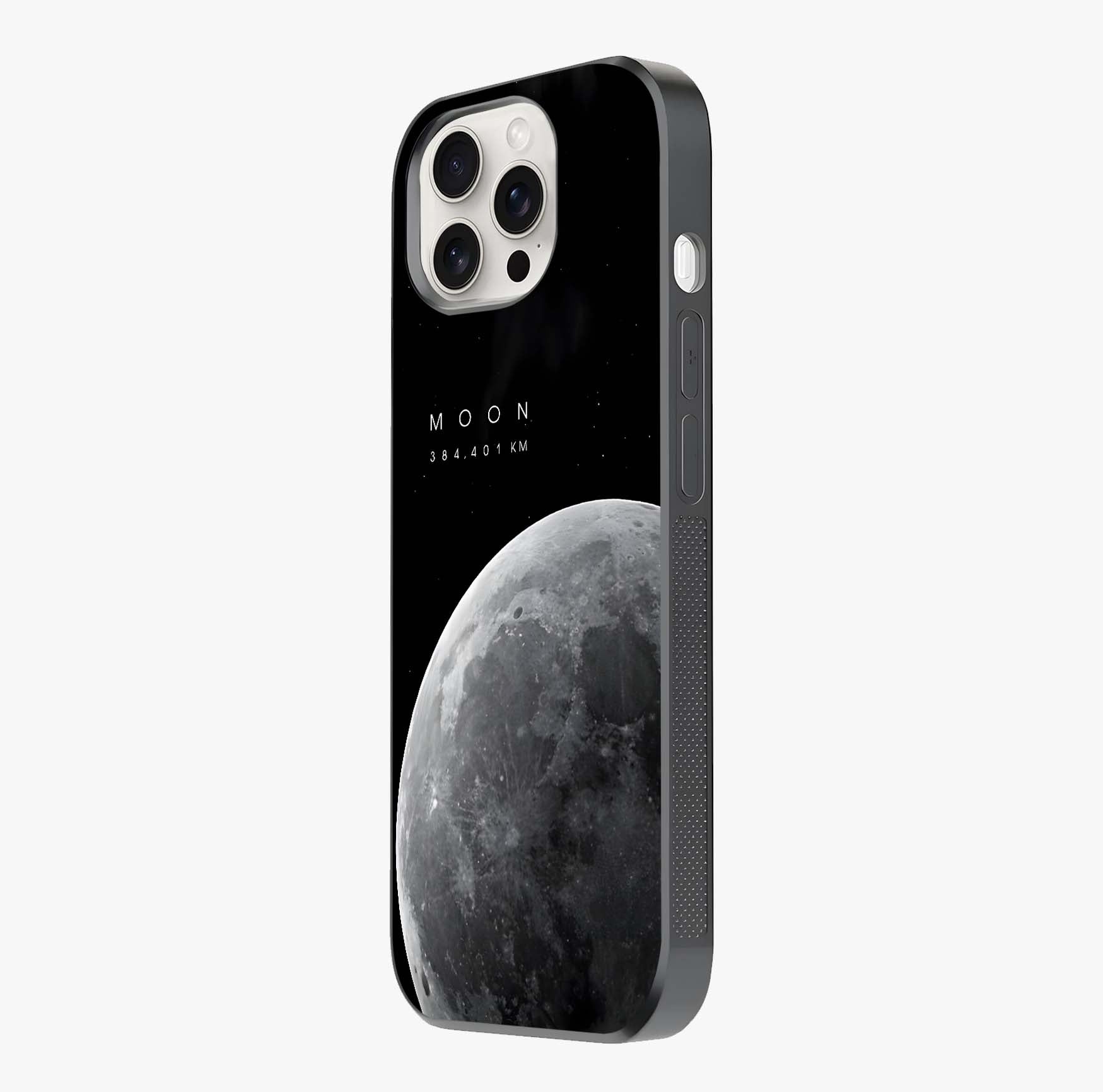 Cosmic Moon Glow Glass Case photographed in natural light showing reflective finish and design depth.