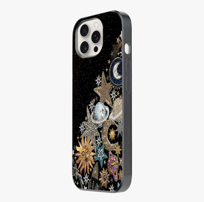 Cosmic Sparkle Dreams Glass Case photographed in natural light showing reflective finish and design depth.