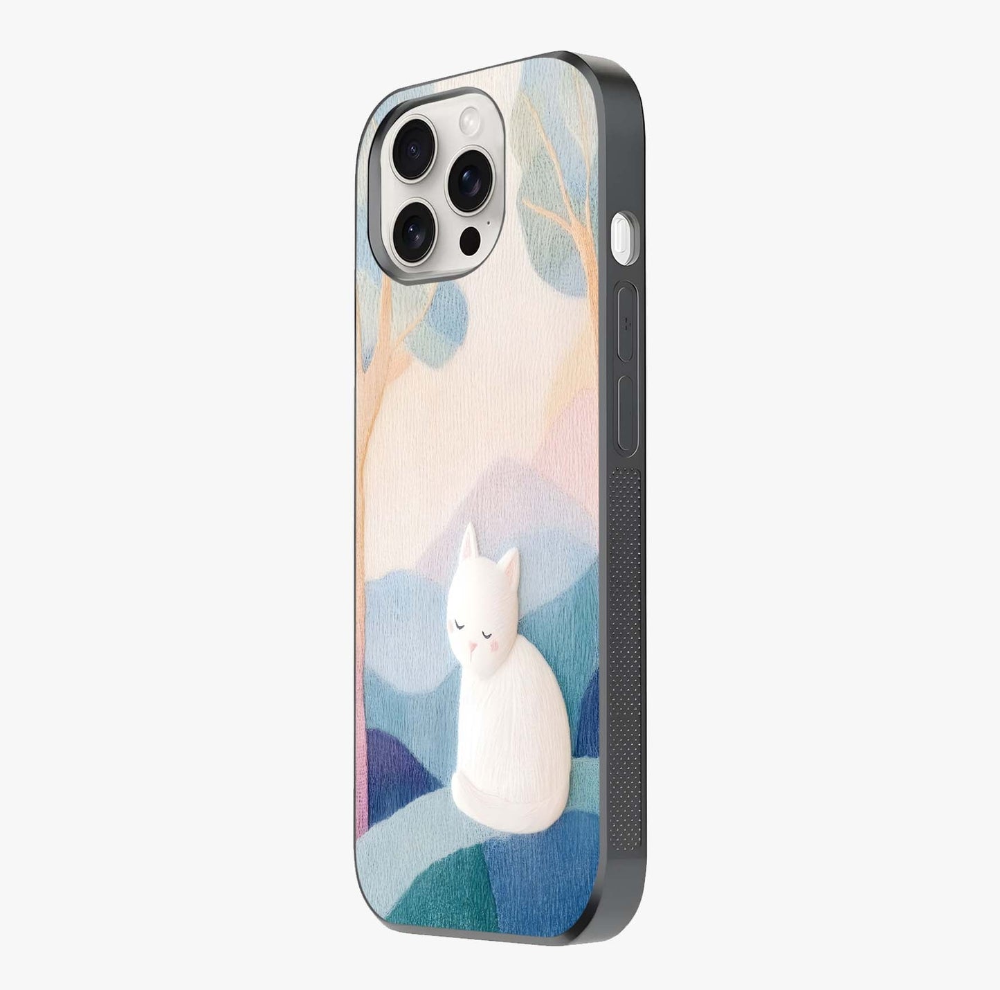 Cotton Dream Cat Glass Case photographed in natural light showing reflective finish and design depth.