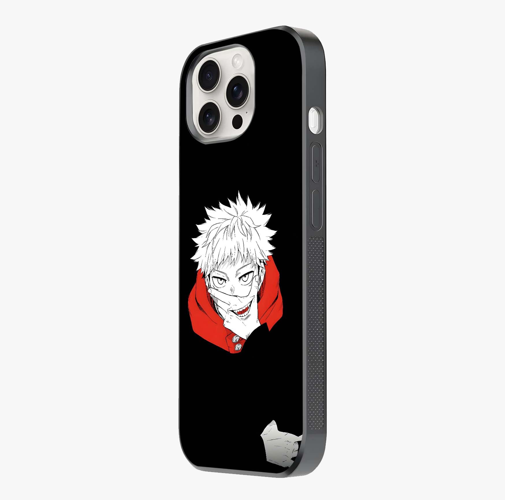 Crimson Chaos Smile Glass Case photographed in natural light showing reflective finish and design depth.