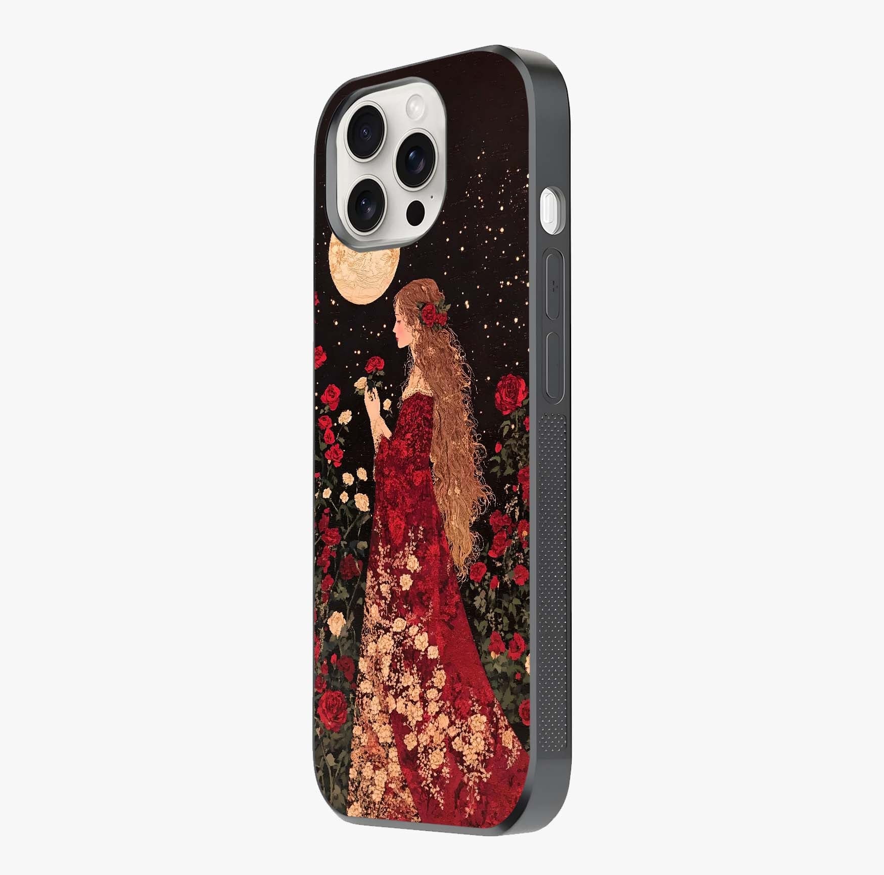 Crimson Dreams Glass Case photographed in natural light showing reflective finish and design depth.