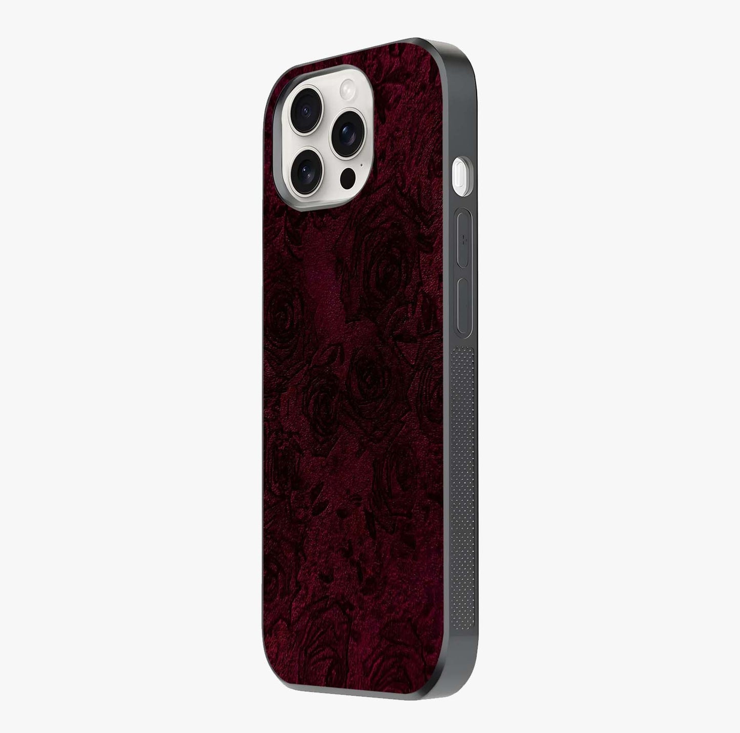 Crimson Fade Flow Glass Case photographed in natural light showing reflective finish and design depth.