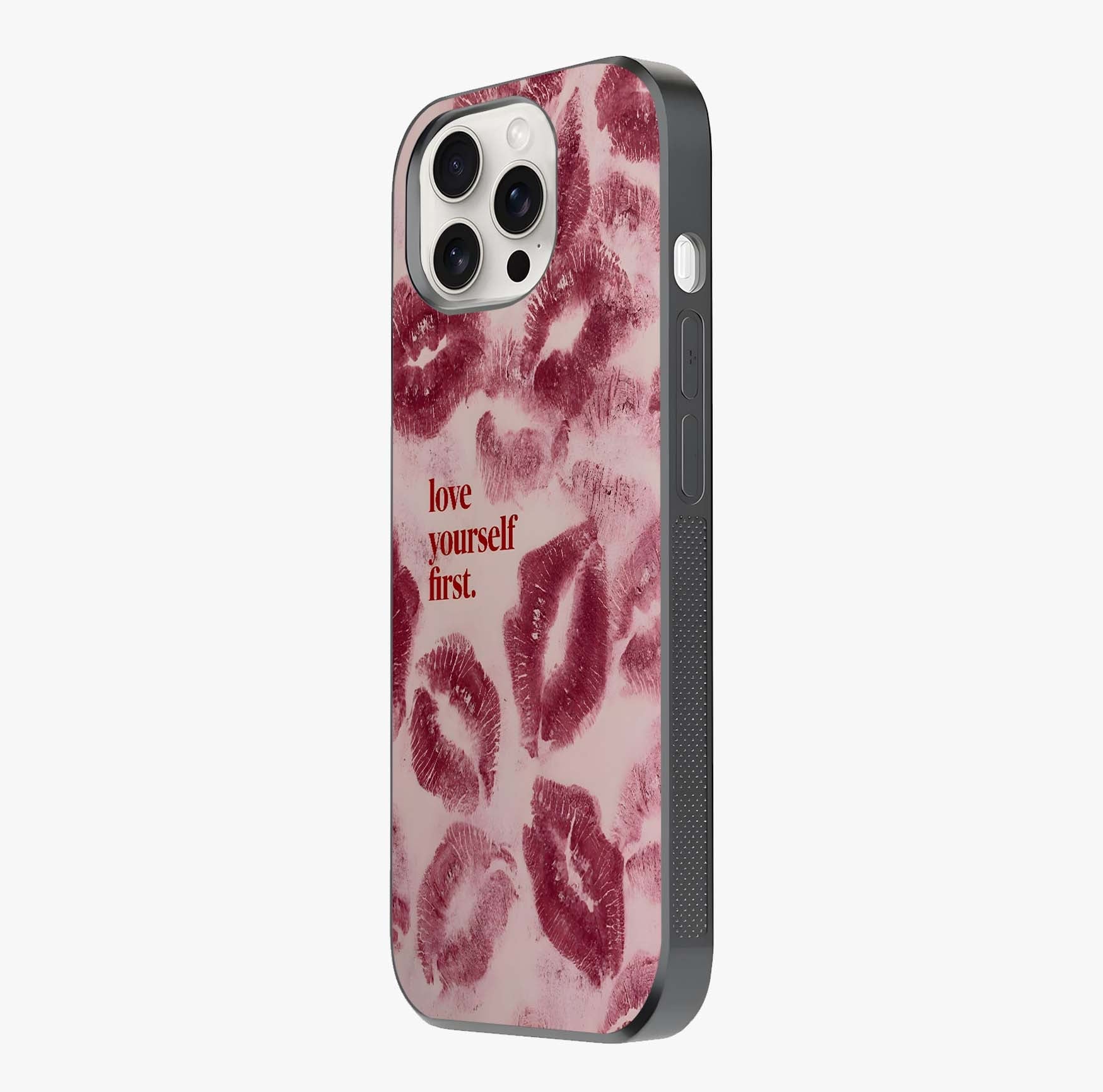 Crimson Kiss Love Glass Case photographed in natural light showing reflective finish and design depth.