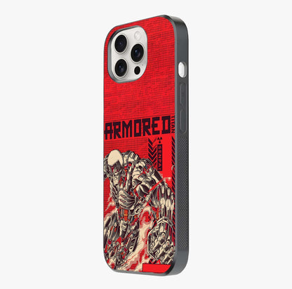 Crimson Mecha Titan Glass Case photographed in natural light showing reflective finish and design depth.
