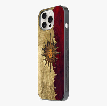Crimson Sun Majesty Glass Case photographed in natural light showing reflective finish and design depth.