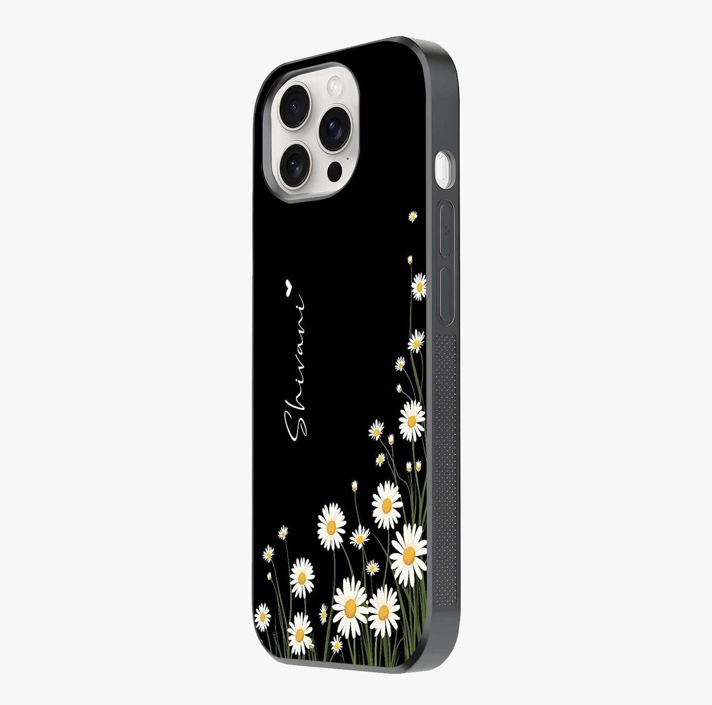 Daisy Cascade Custom Name Glass Case photographed in natural light showing reflective finish and design depth.