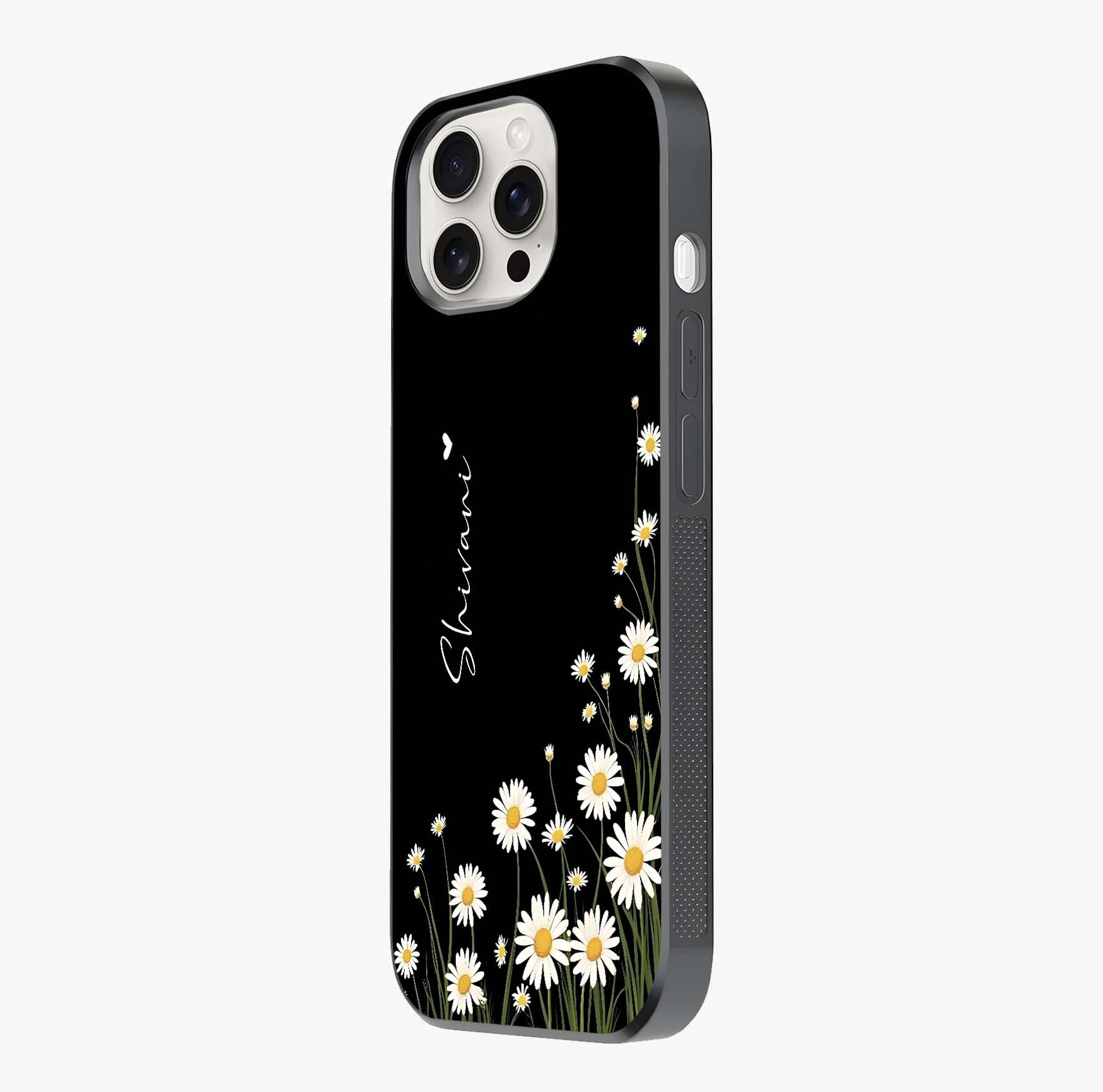 Daisy Cascade Custom Name Glass Case photographed in natural light showing reflective finish and design depth.