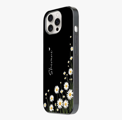 Daisy Cascade Custom Name Glass Case photographed in natural light showing reflective finish and design depth.