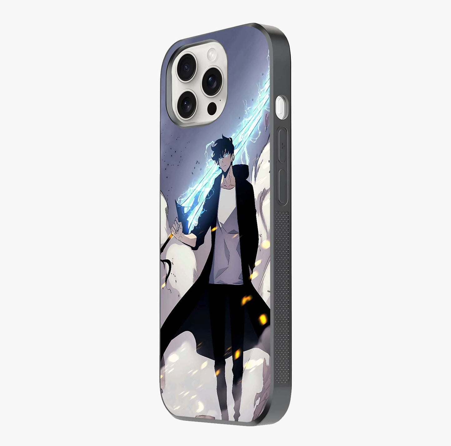 Dark Lightning Anime Warrior Glass Case photographed in natural light showing reflective finish and design depth.