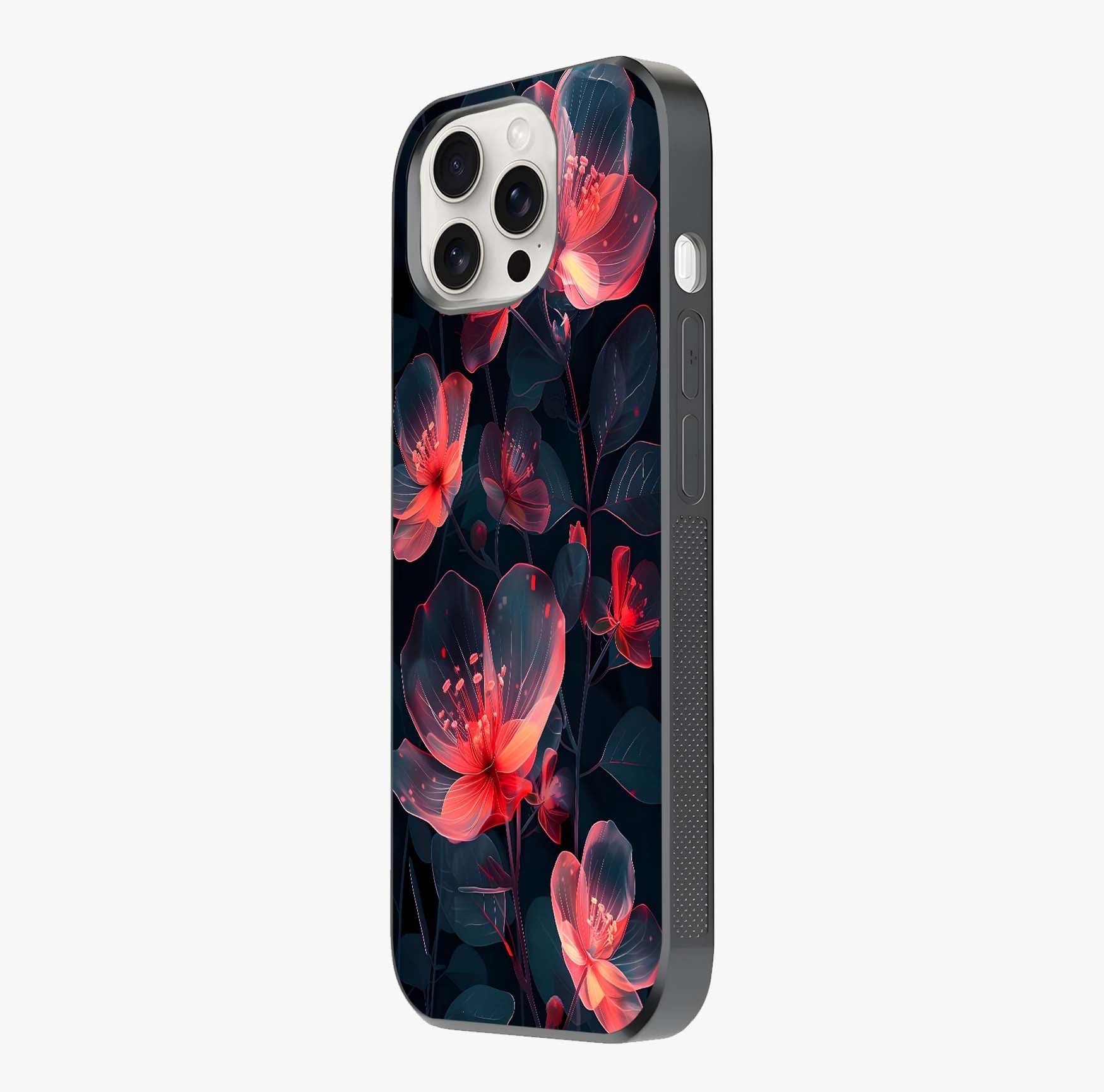 Dark Shade Of Flower Glass Case photographed in natural light showing reflective finish and design depth.