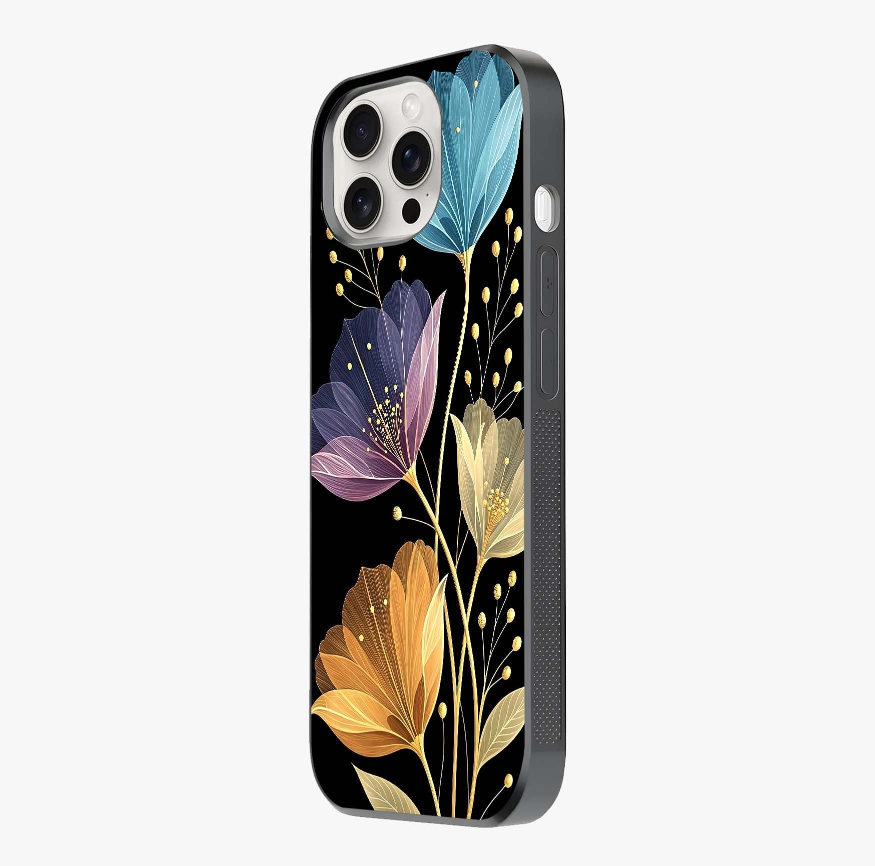 Delicate Multicolor Flowers Glass Case photographed in natural light showing reflective finish and design depth.