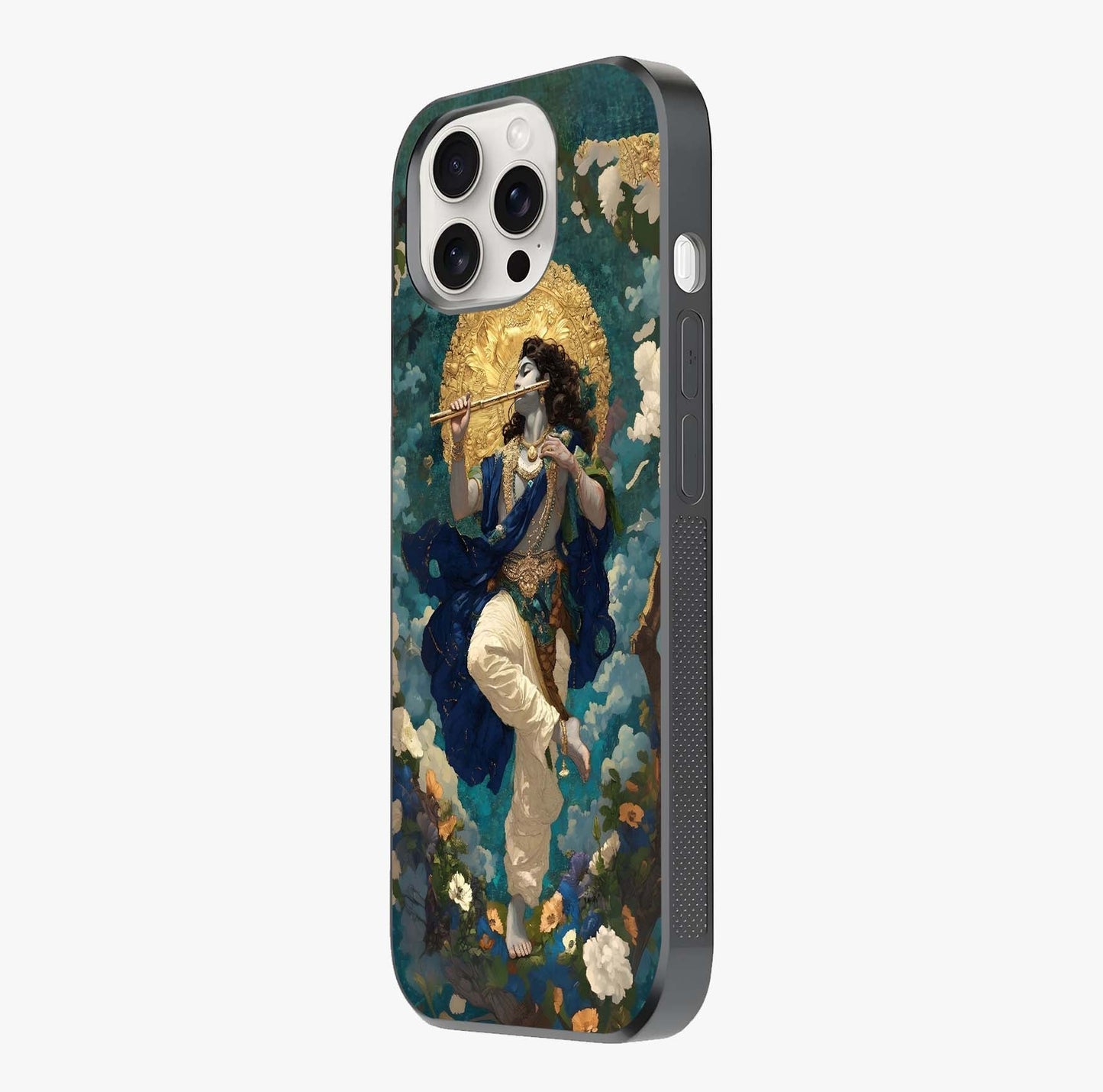 Divine Krishna Art Glass Case photographed in natural light showing reflective finish and design depth.