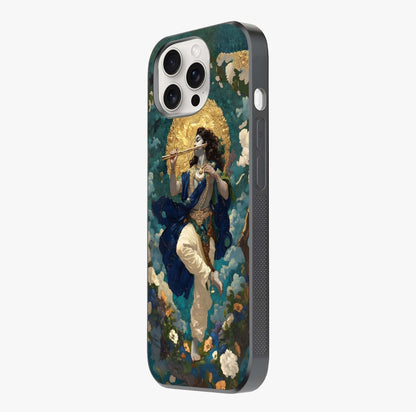 Divine Krishna Art Glass Case photographed in natural light showing reflective finish and design depth.