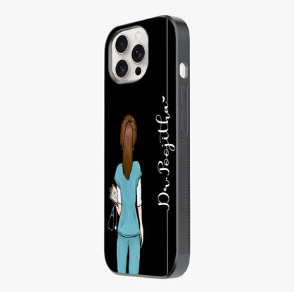 Doctor Pattern Custom Name Glass Case photographed in natural light showing reflective finish and design depth.