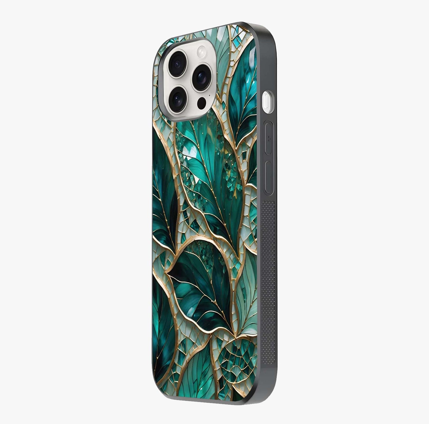 Emerald Leaf Glass Glass Case photographed in natural light showing reflective finish and design depth.