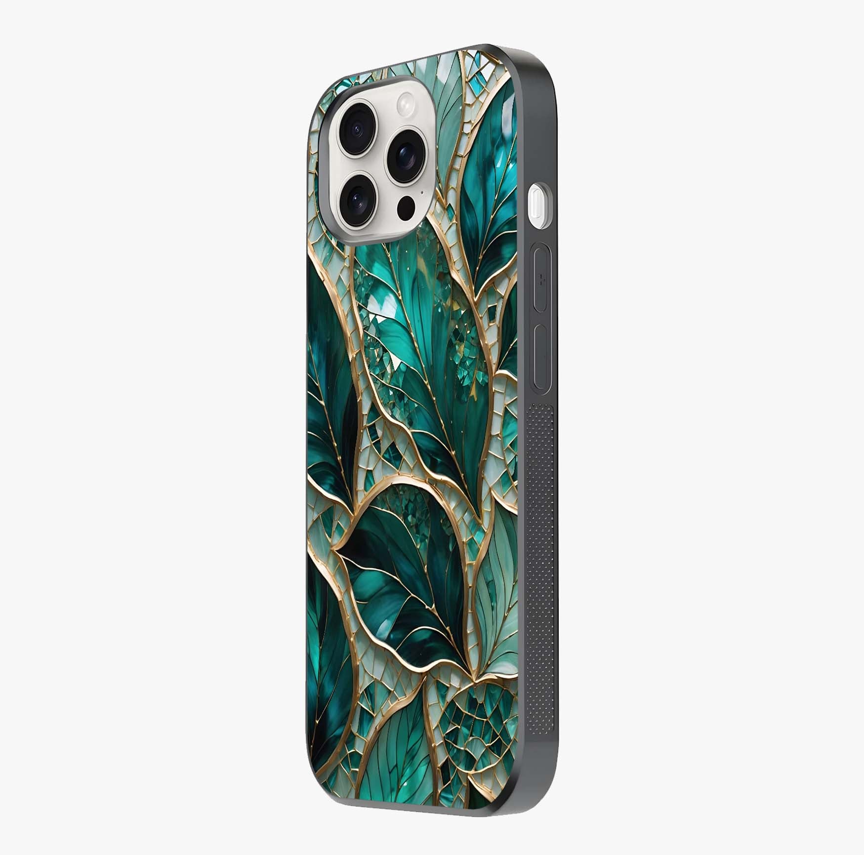 Emerald Leaf Glass Glass Case photographed in natural light showing reflective finish and design depth.