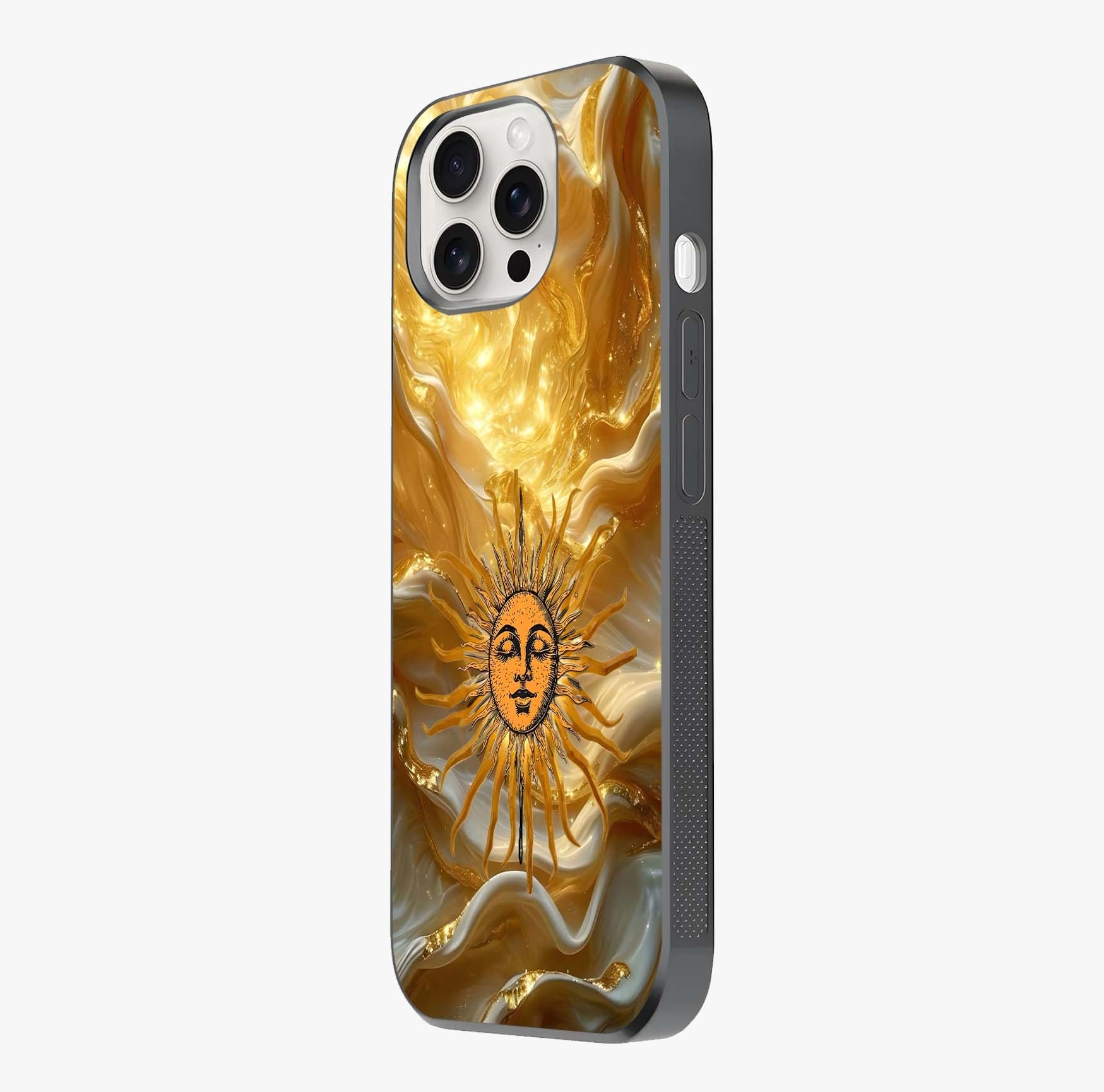Eternal Golden Glow Glass Case photographed in natural light showing reflective finish and design depth.